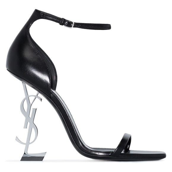 Saint Laurent Opyum 110 Black Leather Silver YSL Logo Strap Sandal Heel Pump 37 - Picture 1 of 11